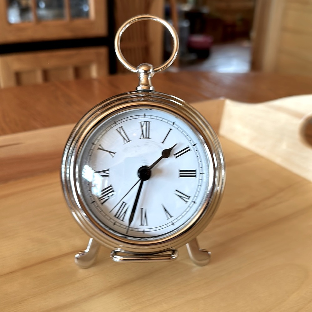 Small desk, bathroom or table Pottery Barn silver finish clock